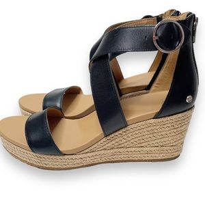 Ugg Hylda Black Leather Strappy Espadrille Wedge Sandals Ankle Buckle Women’s 9